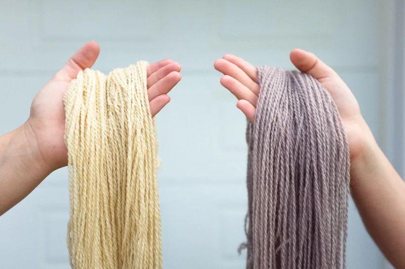Left, undyed natural yarn. Right, our first skeins of Mussel Gray.