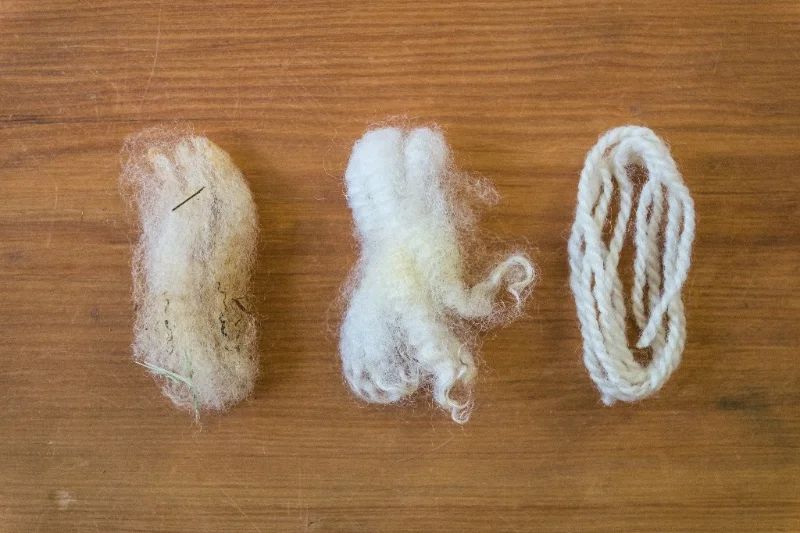 Raw wool, scoured wool, yarn.